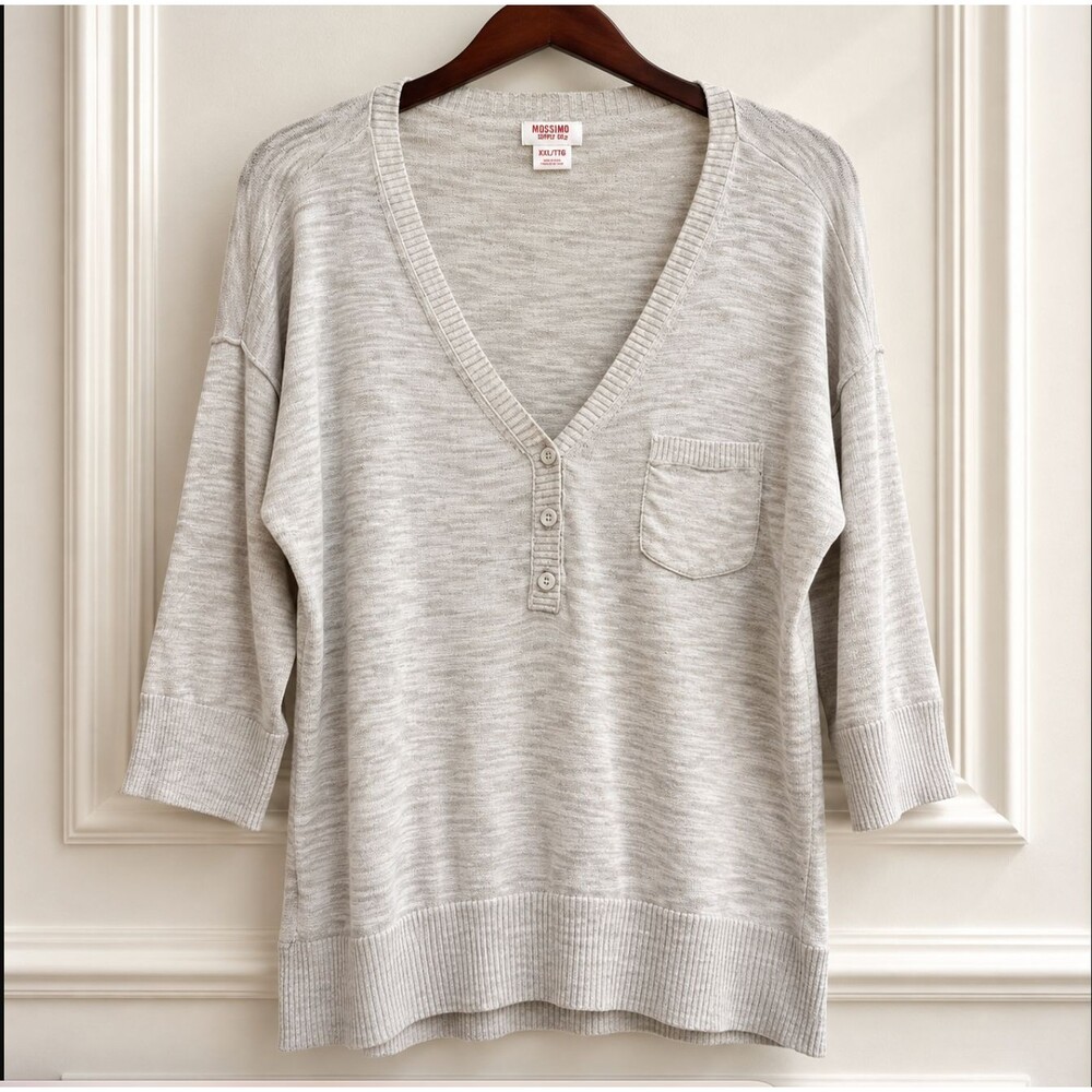 Mossimo Supply Co Womens XXL Beige Henley Knit Sweater 3/4 Sleeve Pocket Y2K Top